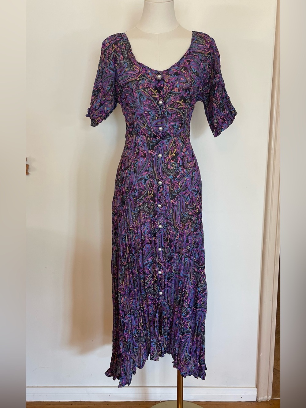 Vintage Cher Jacque Sheer Whimsigoth Fairy Dress Maxi Paisley Print Purple Black